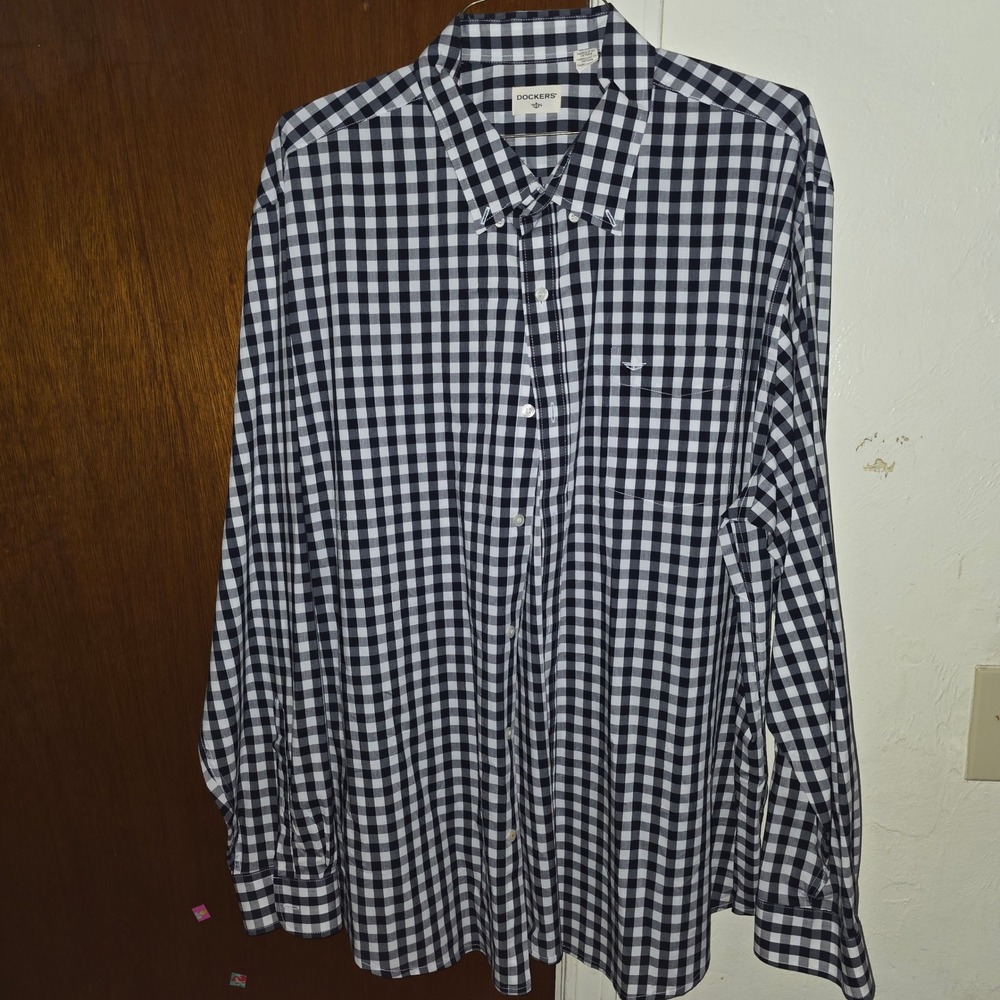 Dockers Gingham Shirt Men's XXL Navy White Check Long Sleeve Button Down